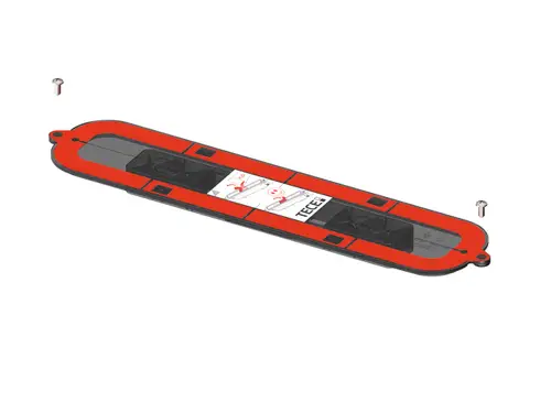 TECE Bauzeitschutzdeckel für Ablauf, gepolstert in Rot mit schwarzem Innenbereich. Zwei zentrale Befestigungslöcher, eine Schraube abgebildet.
